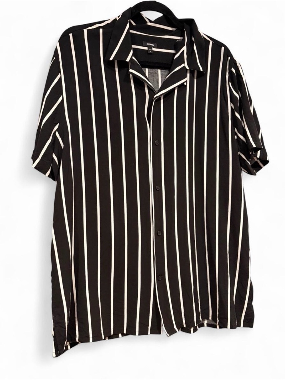 Express Men’s Resort Striped Short Sleeve Button Up | Black & White | Size XL